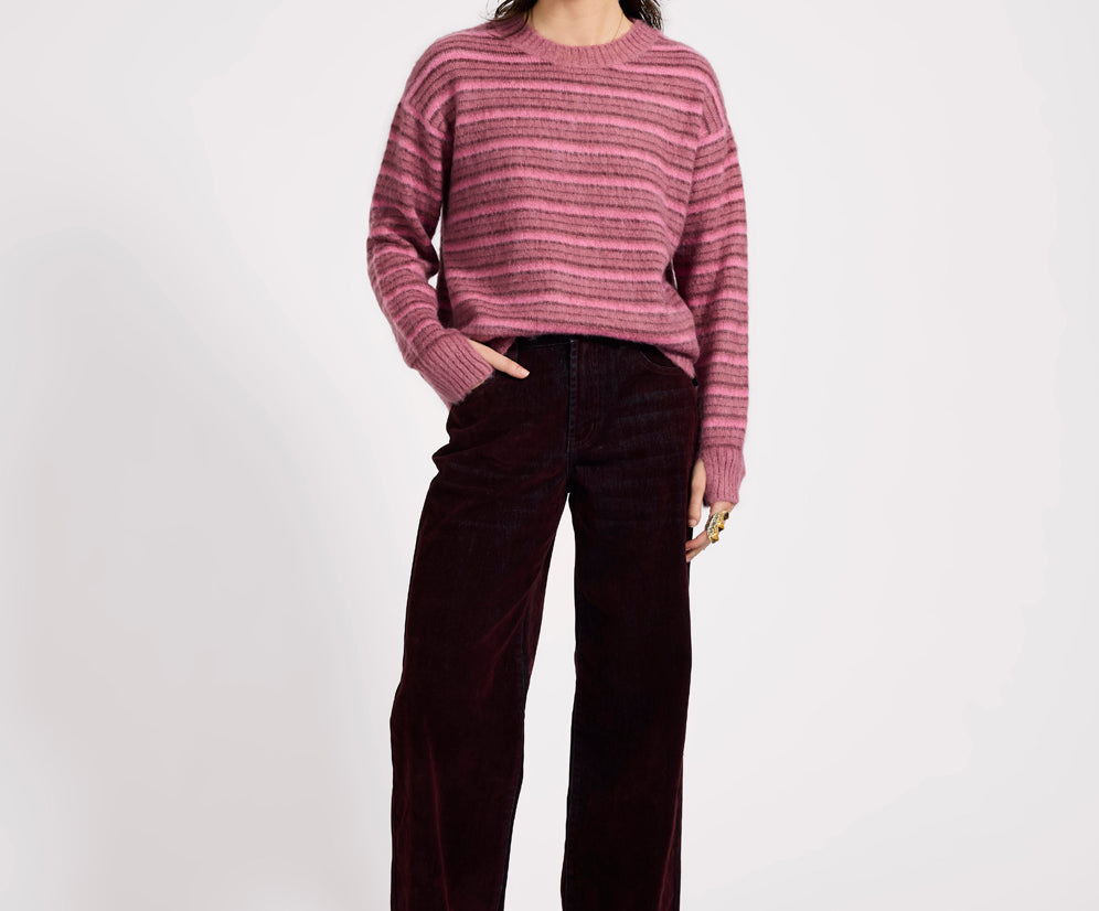 Striped Fluffy Mohair Knit Sweater - Pink Stripe