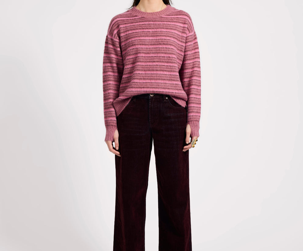 Striped Fluffy Mohair Knit Sweater - Pink Stripe