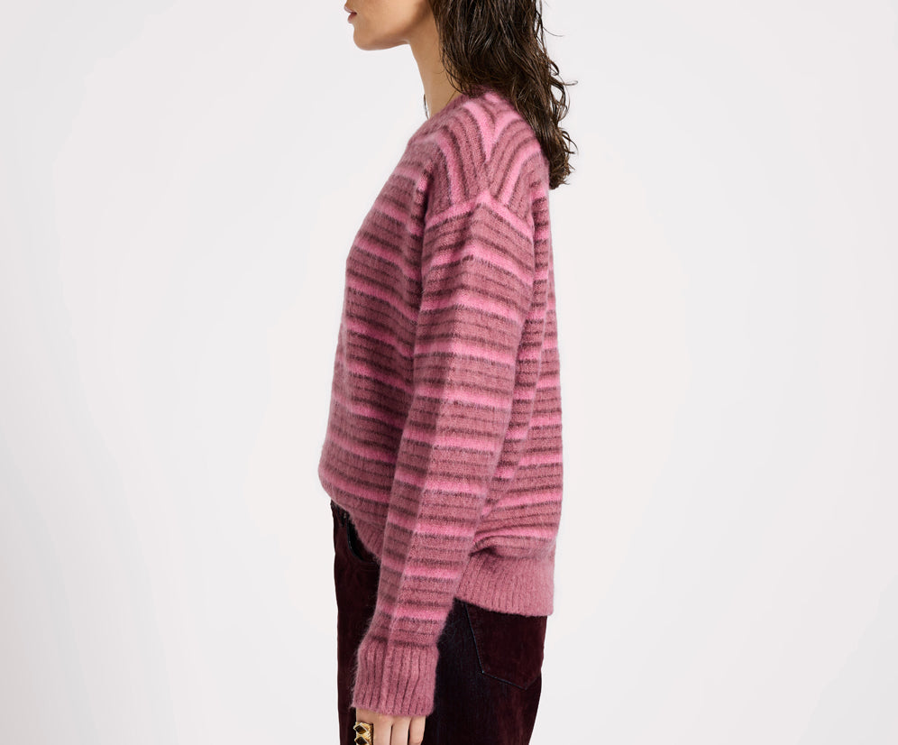 Striped Fluffy Mohair Knit Sweater - Pink Stripe