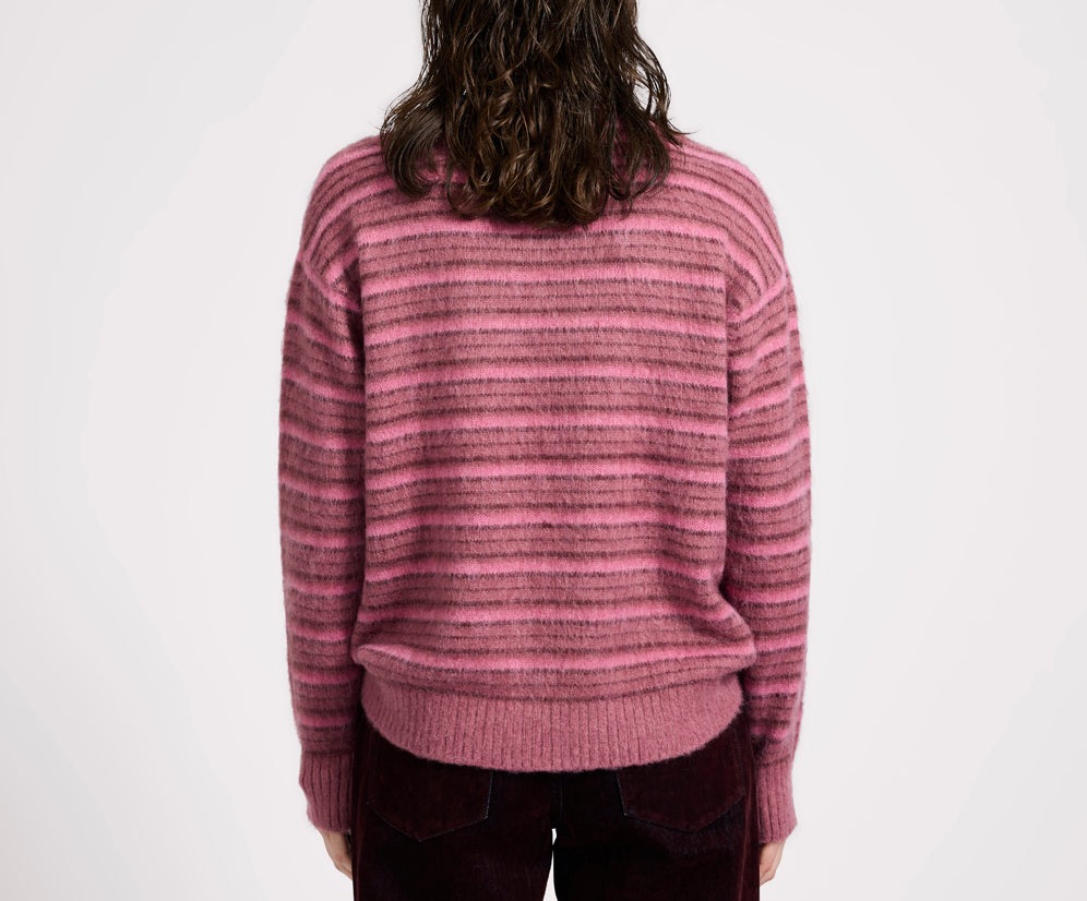 Striped Fluffy Mohair Knit Sweater - Pink Stripe