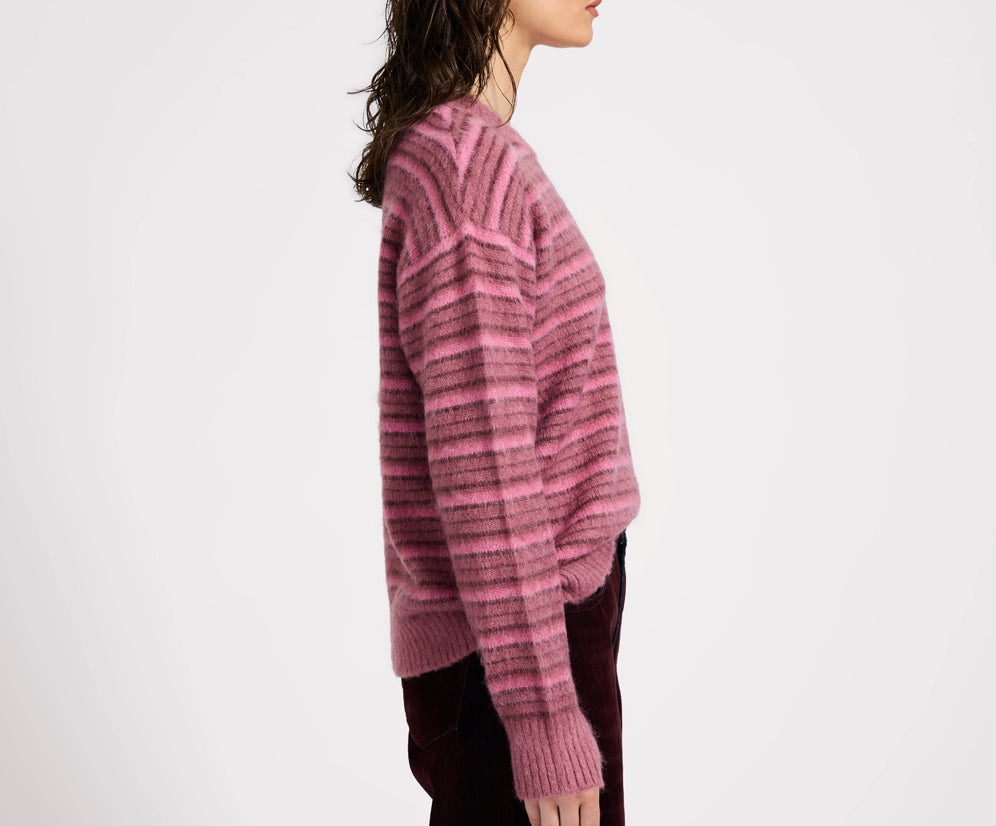 Striped Fluffy Mohair Knit Sweater - Pink Stripe
