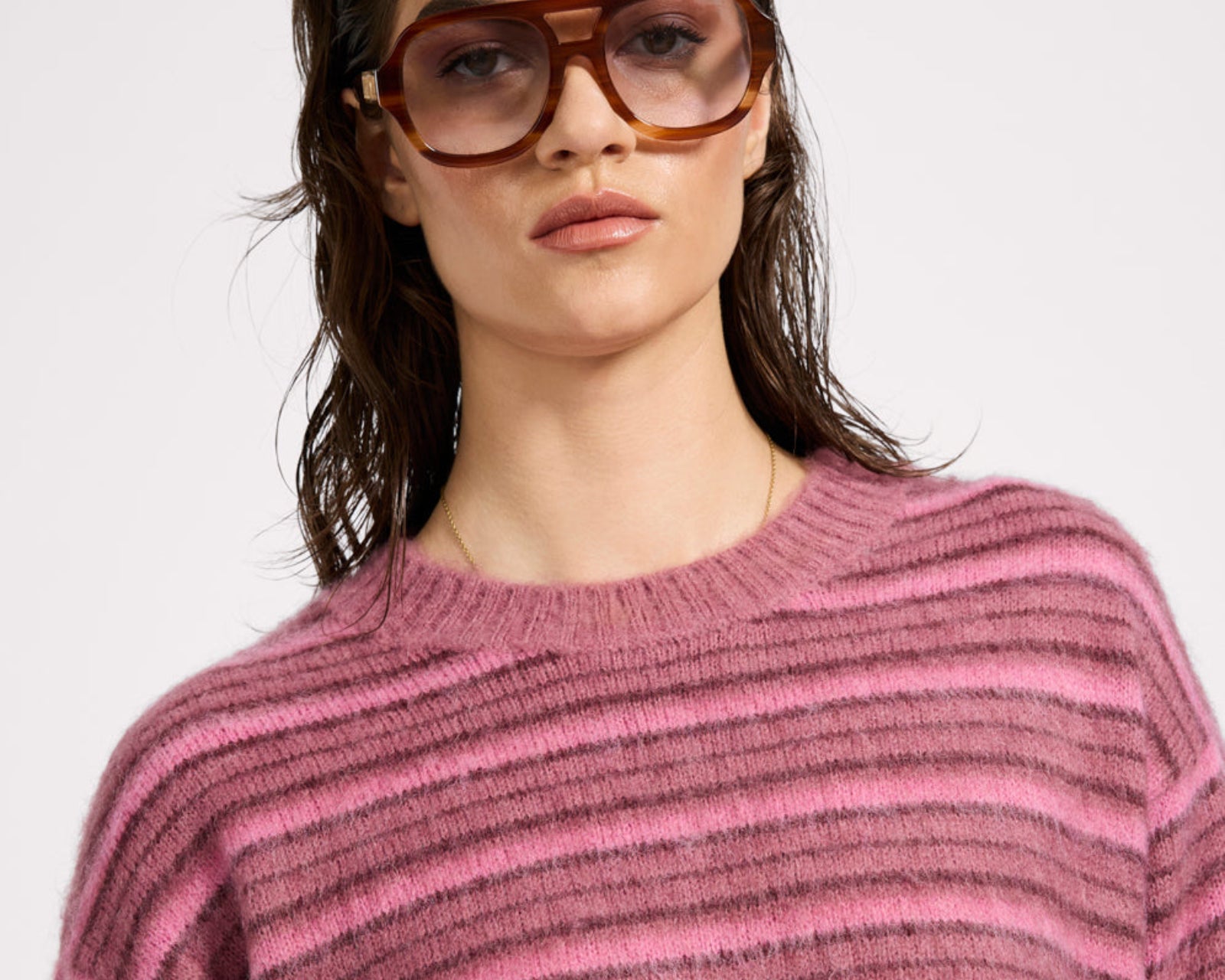Striped Fluffy Mohair Knit Sweater - Pink Stripe