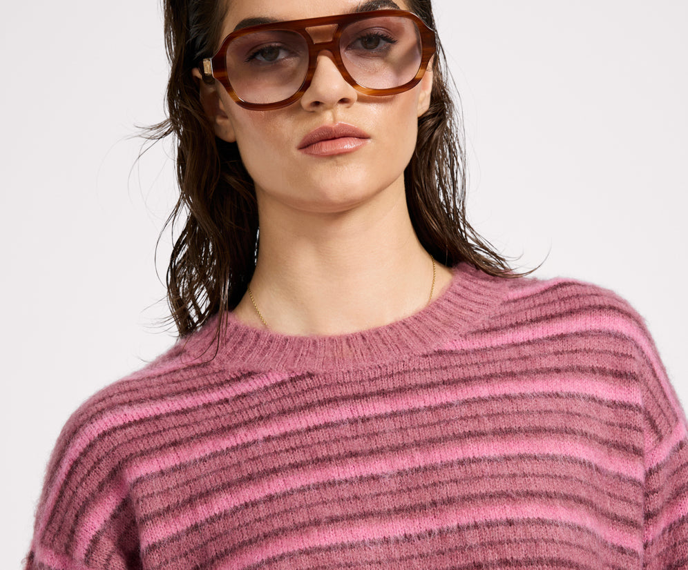 Striped Fluffy Mohair Knit Sweater - Pink Stripe