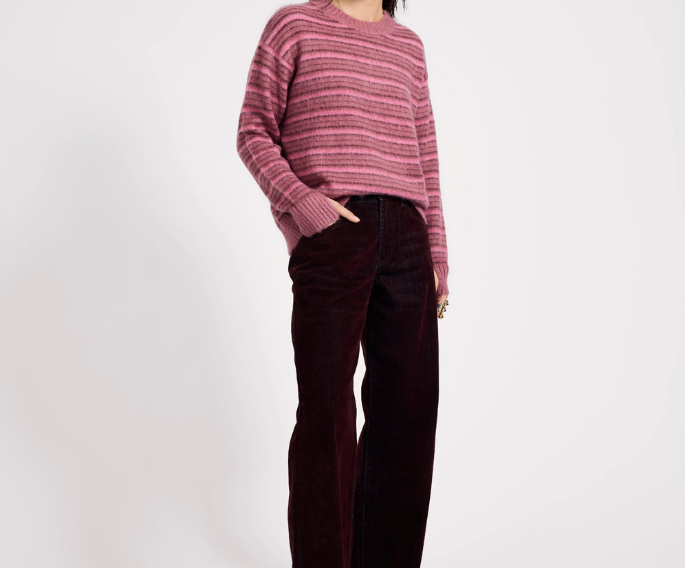 Striped Fluffy Mohair Knit Sweater - Pink Stripe
