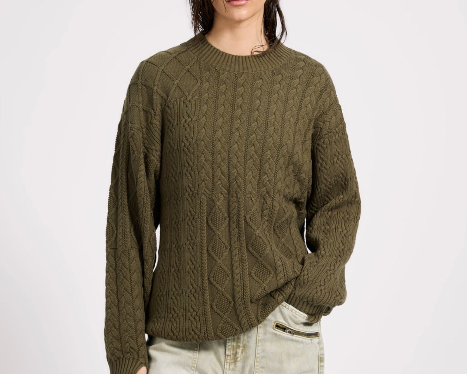 Mixed Cable Cotton Knit Sweater - Khaki