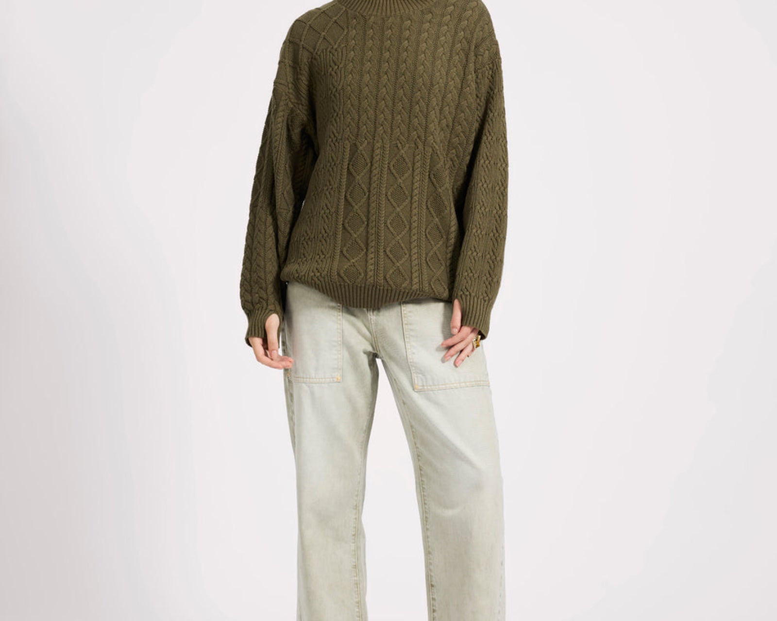 Mixed Cable Cotton Knit Sweater - Khaki