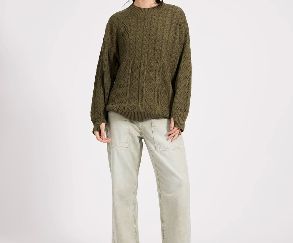 Mixed Cable Cotton Knit Sweater - Khaki