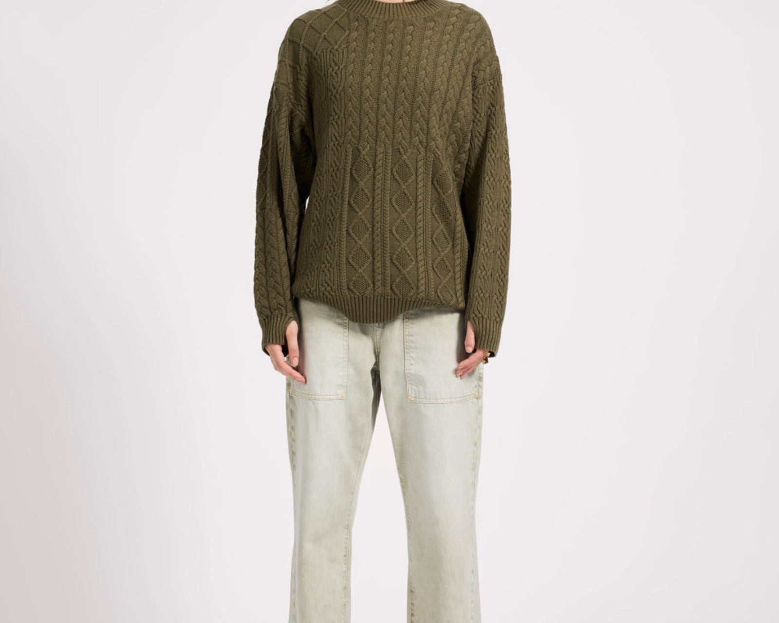Mixed Cable Cotton Knit Sweater - Khaki