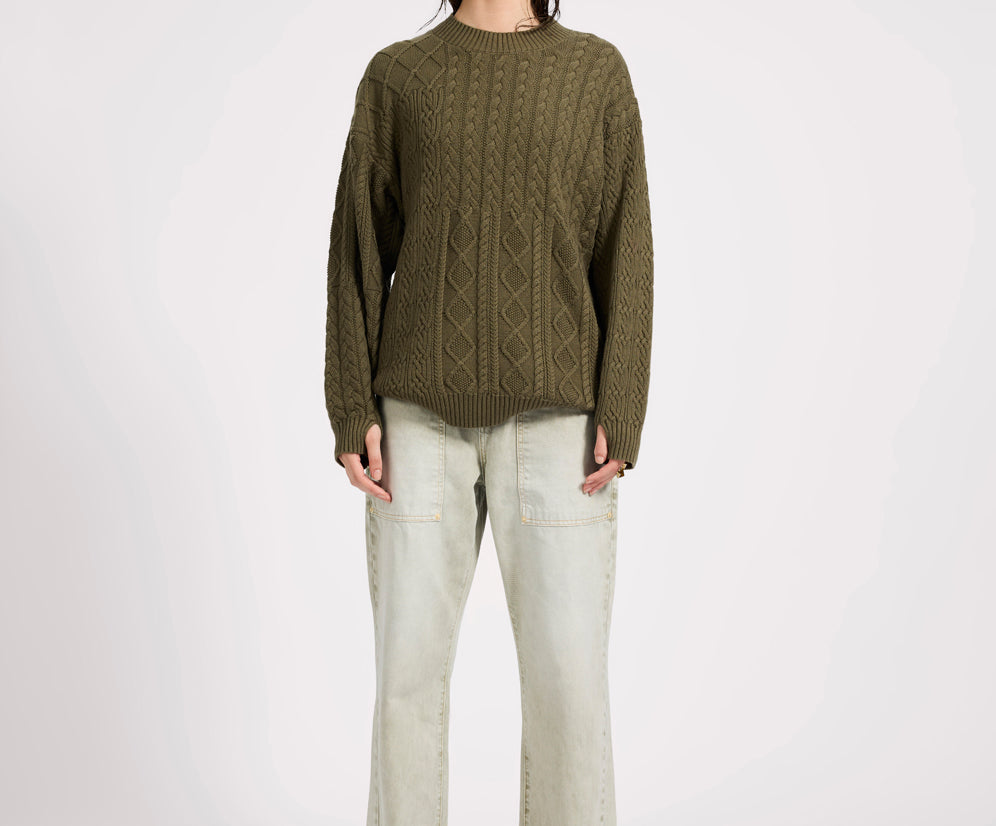 Mixed Cable Cotton Knit Sweater - Khaki