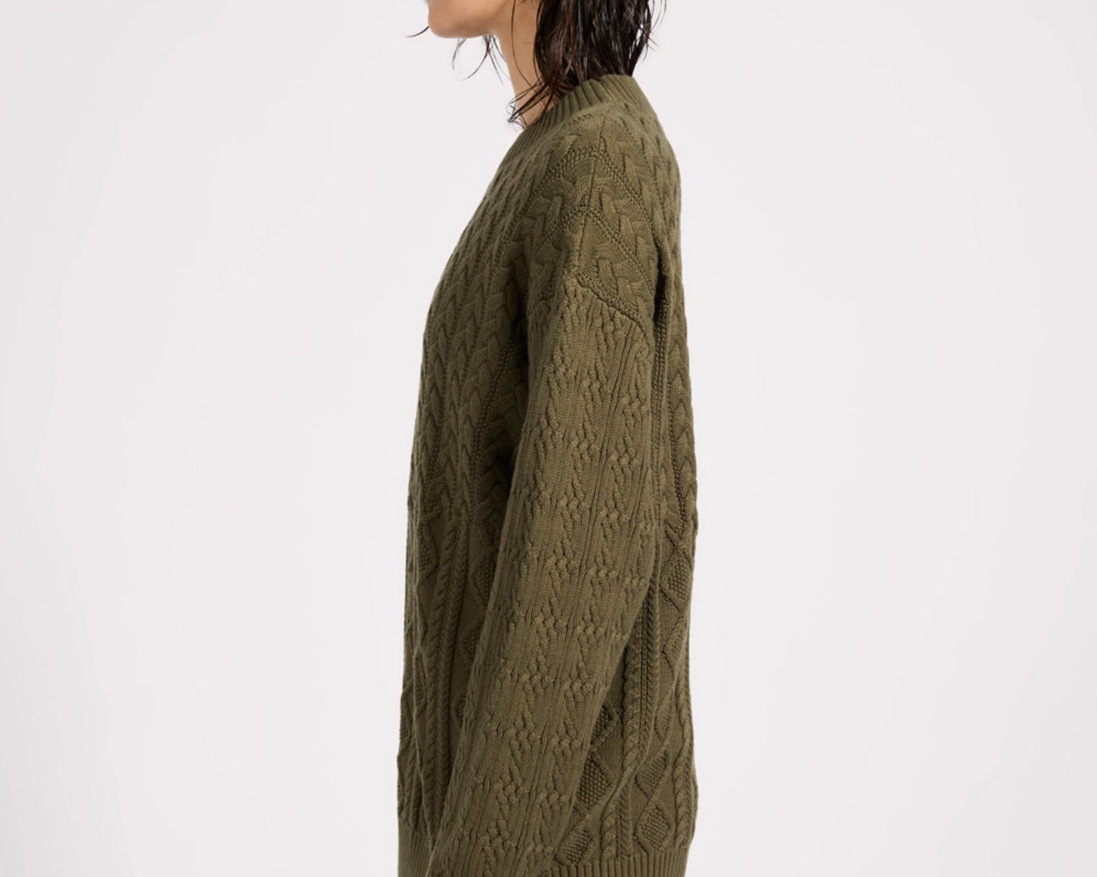 Mixed Cable Cotton Knit Sweater - Khaki
