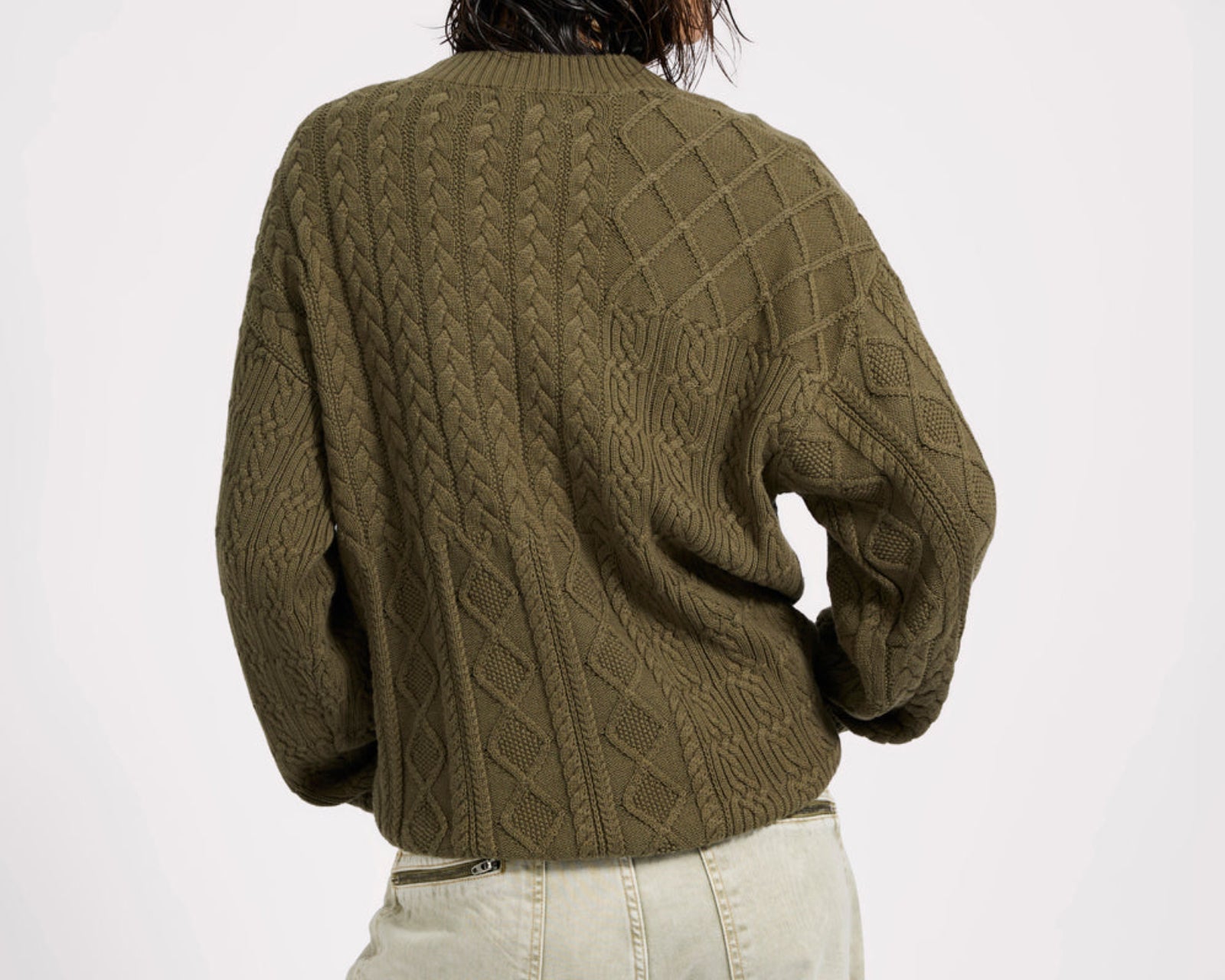 Mixed Cable Cotton Knit Sweater - Khaki
