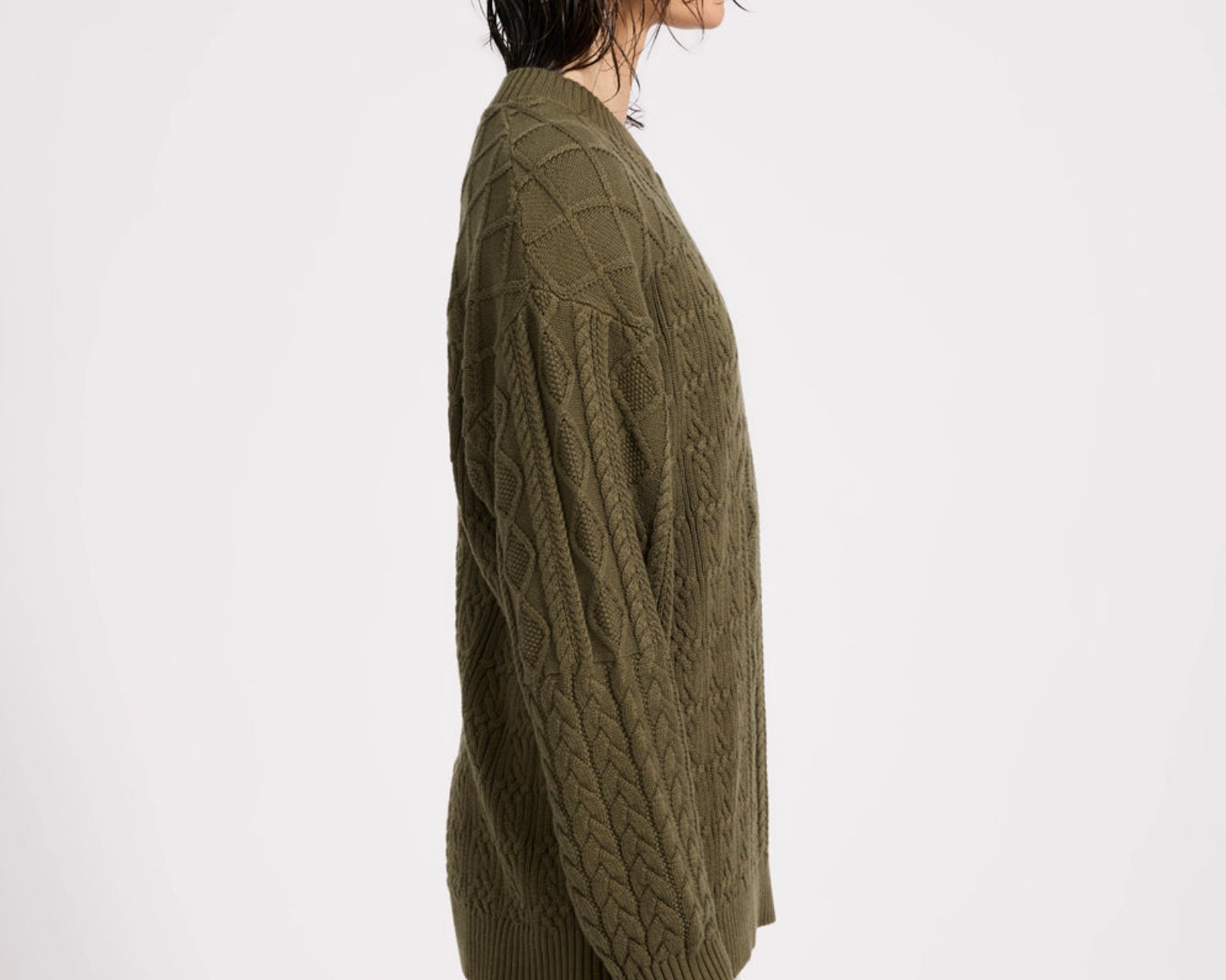 Mixed Cable Cotton Knit Sweater - Khaki