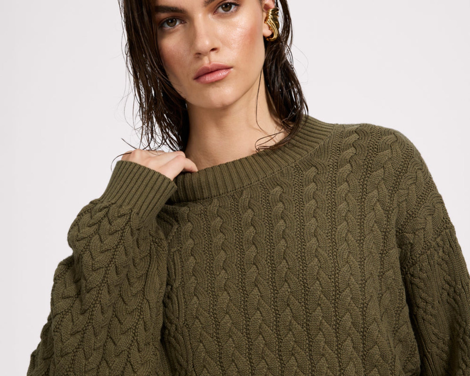 Mixed Cable Cotton Knit Sweater - Khaki