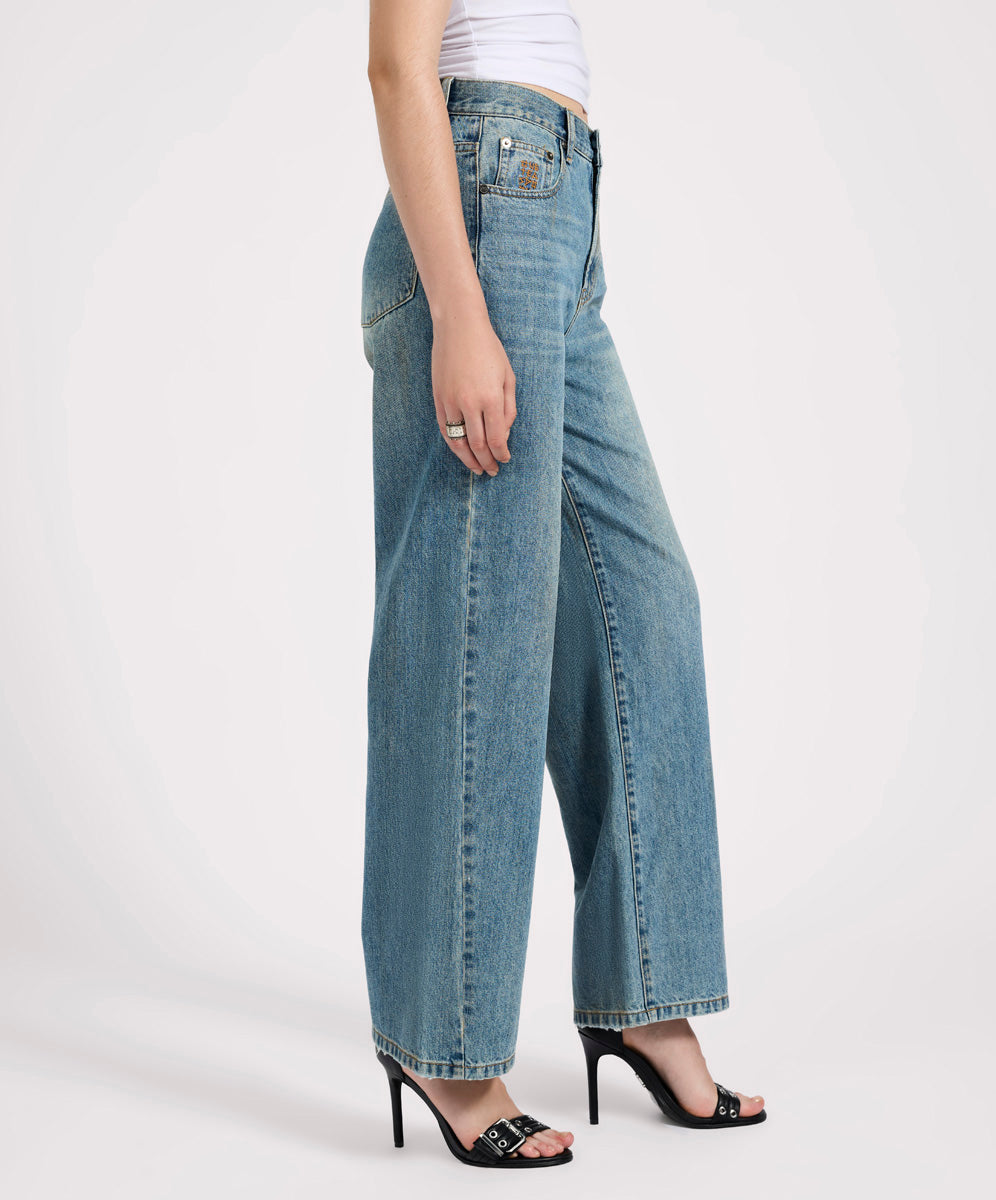 【One Teaspoon】Baxters ミッドウエスト・ワイドレッグデニム Baxters Mid Waist Wide Leg Denim Jeans - Used Blue - One
