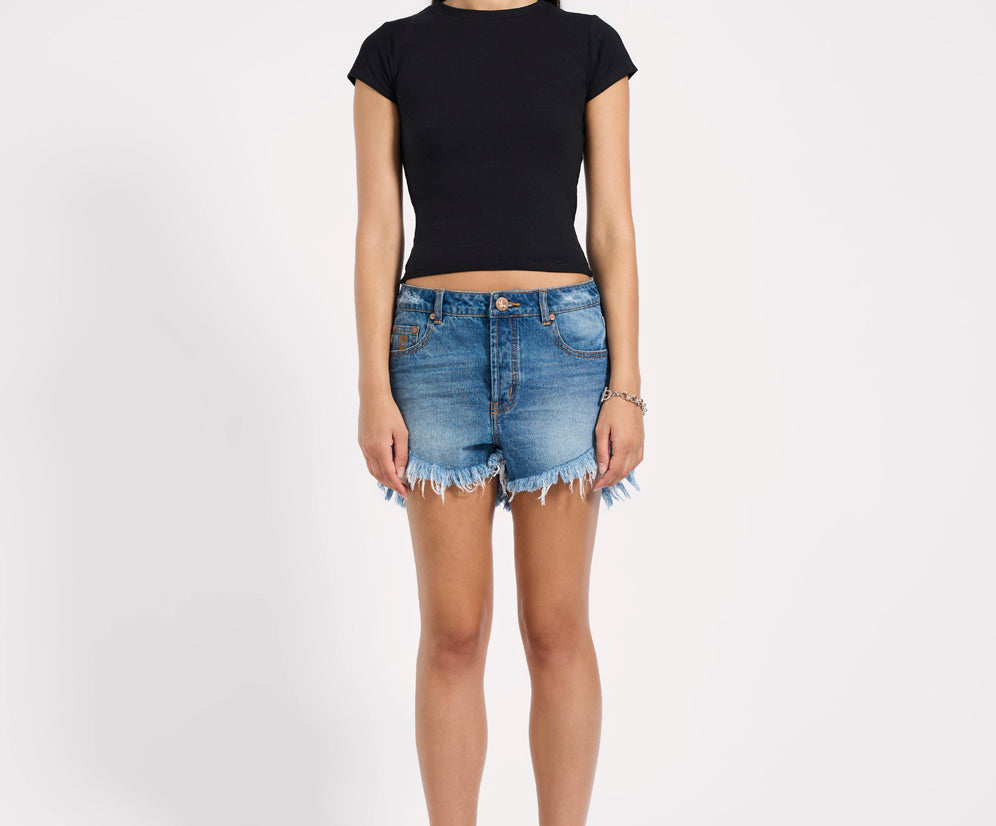 Outlaws Low Waist Mid Length Denim Shorts - Pacifica Blue