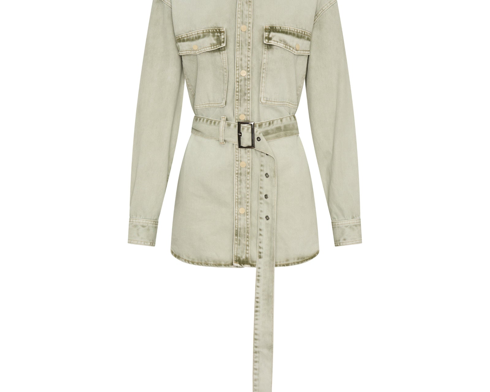 Belted Longline Denim Shirt - Antique Khaki | One Teaspoon
