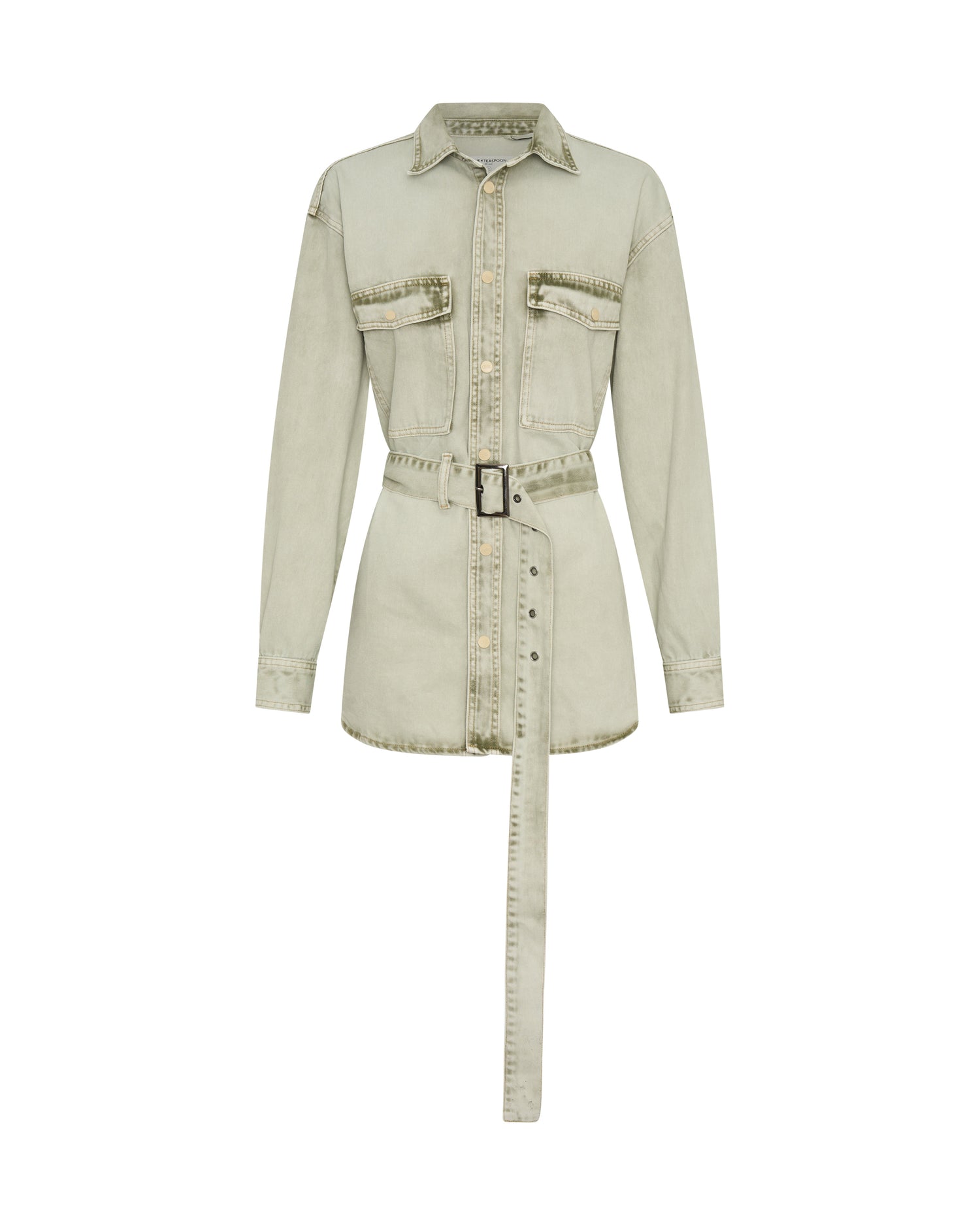  Belted Longline Denim Shirt - Antique Khaki