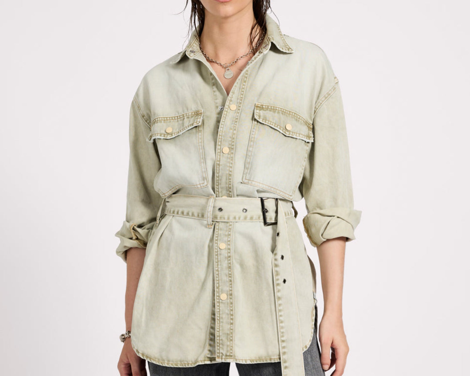 Belted Longline Denim Shirt - Antique Khaki