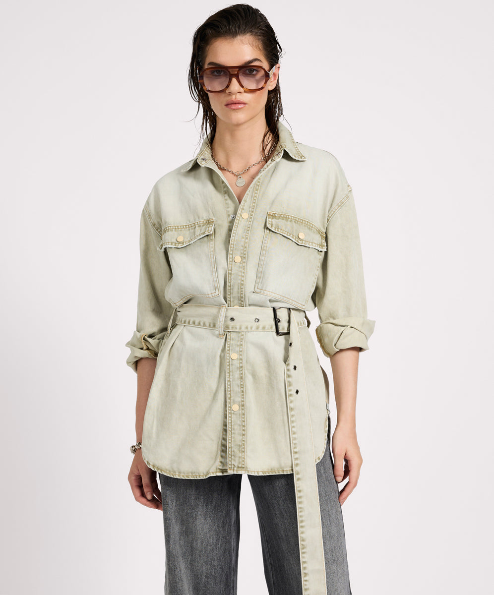 Belted Longline Denim Shirt - Antique Khaki