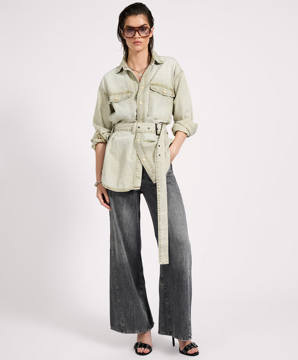  Belted Longline Denim Shirt - Antique Khaki