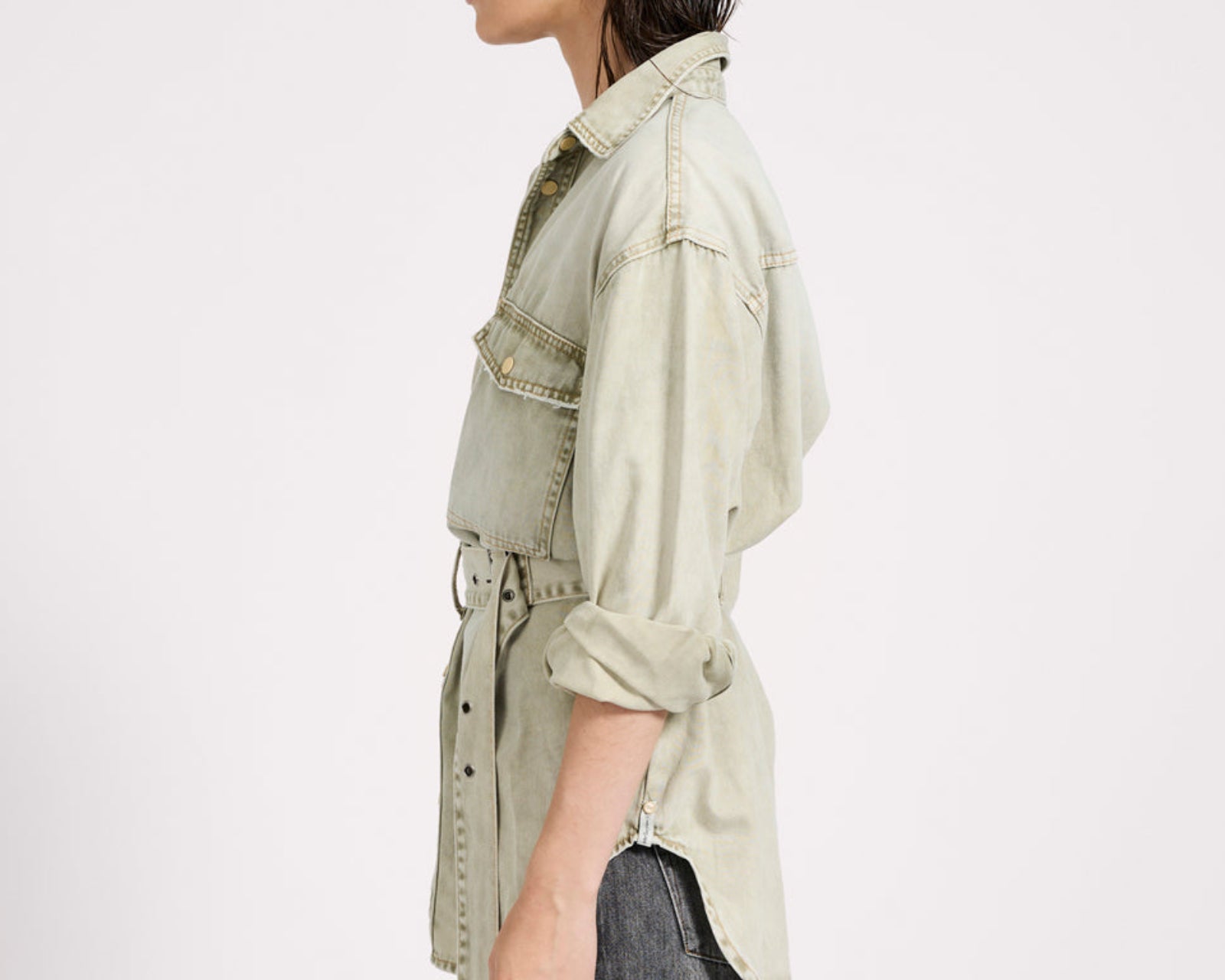 Belted Longline Denim Shirt - Antique Khaki