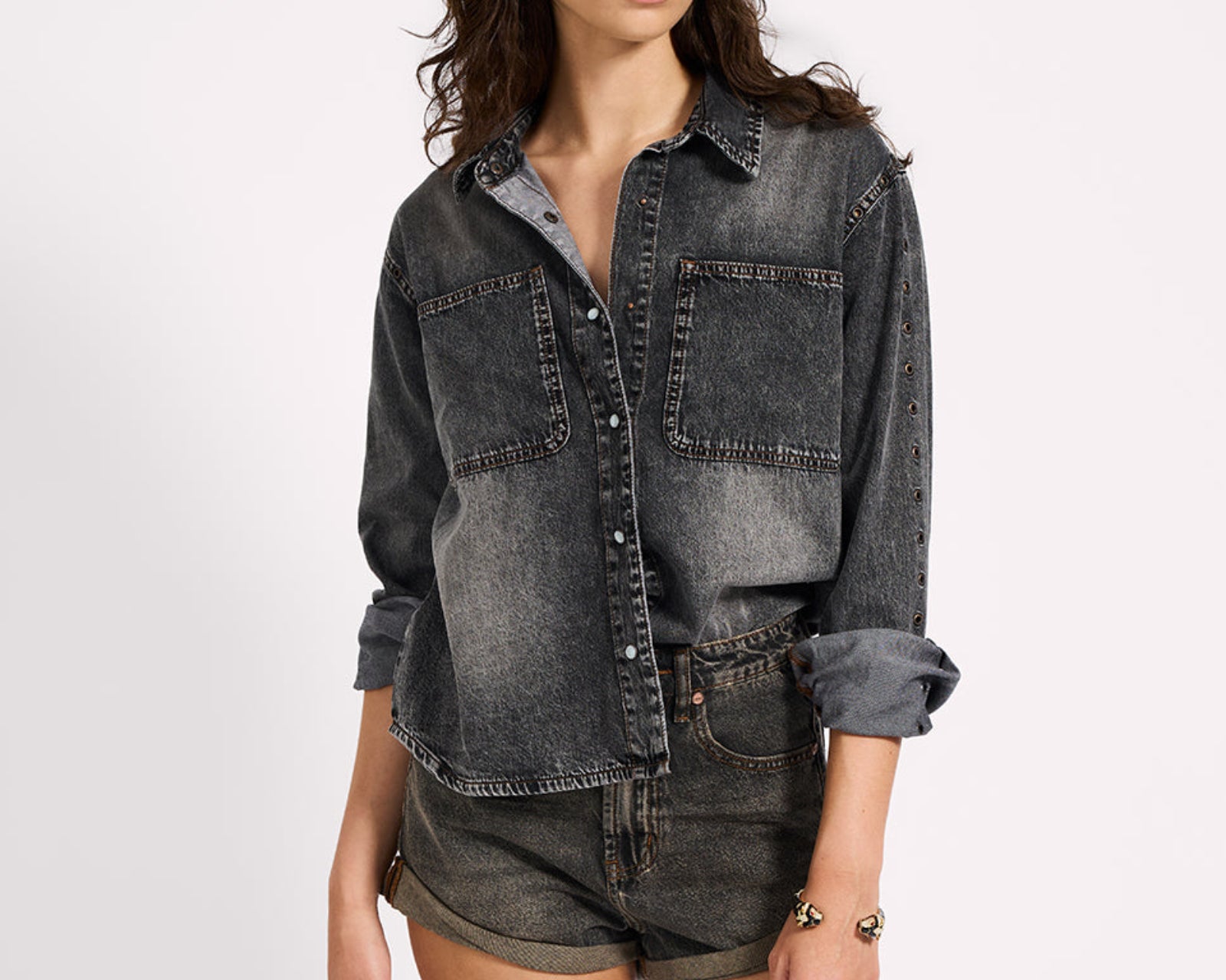Nixie Eyelet Classic Fit Denim Shirt - Charcoal Black