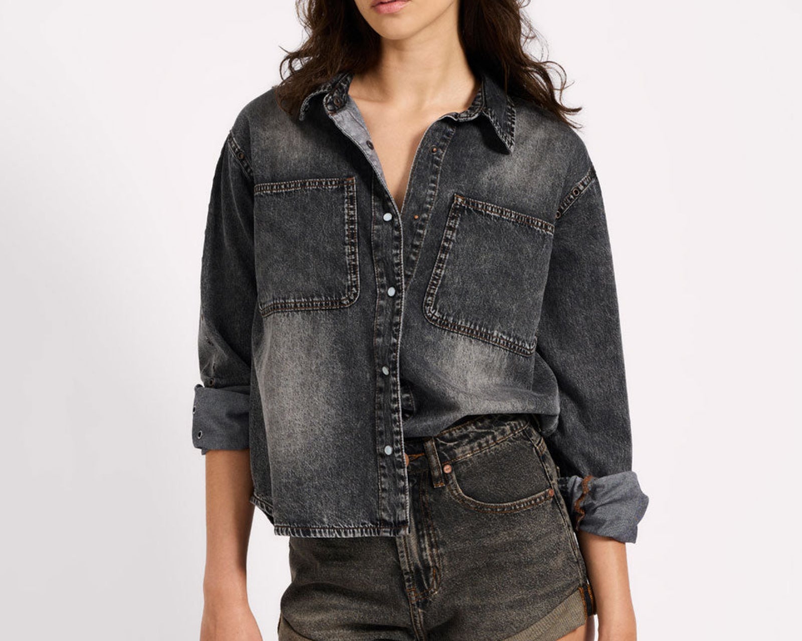 Nixie Eyelet Classic Fit Denim Shirt - Charcoal Black