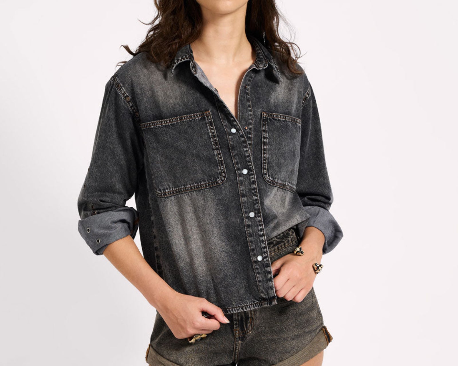 Nixie Eyelet Classic Fit Denim Shirt - Charcoal Black