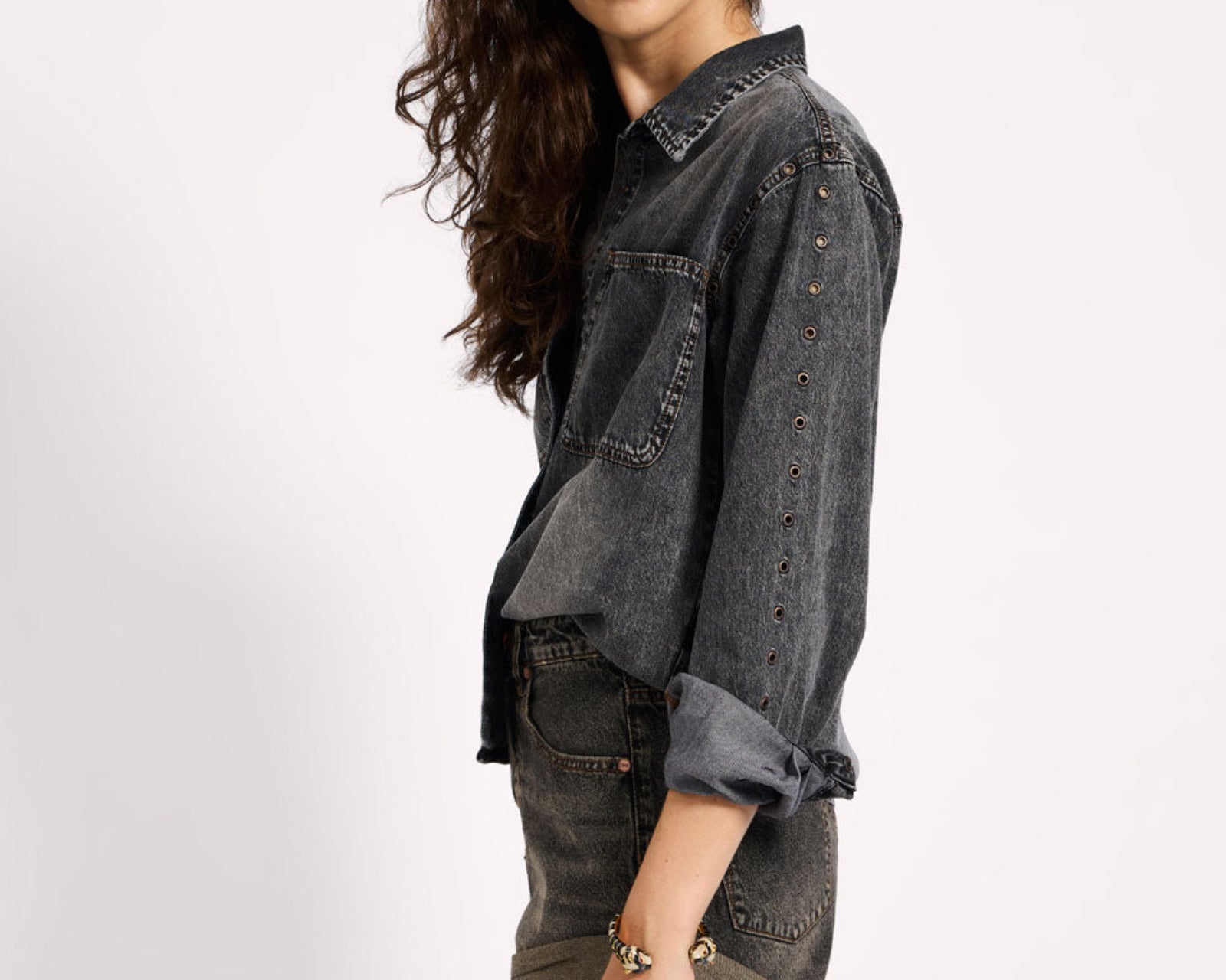 Nixie Eyelet Classic Fit Denim Shirt - Charcoal Black