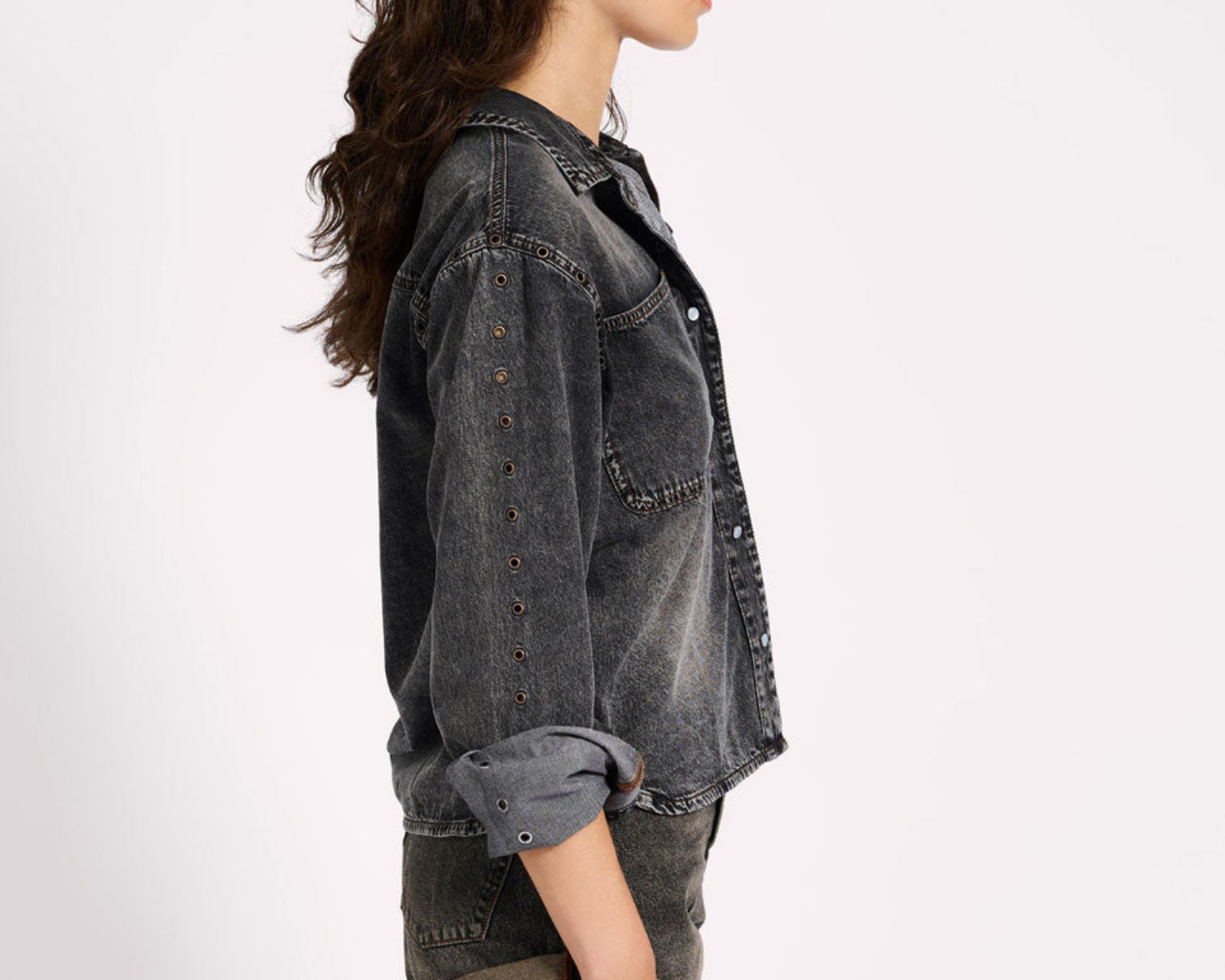 Nixie Eyelet Classic Fit Denim Shirt - Charcoal Black