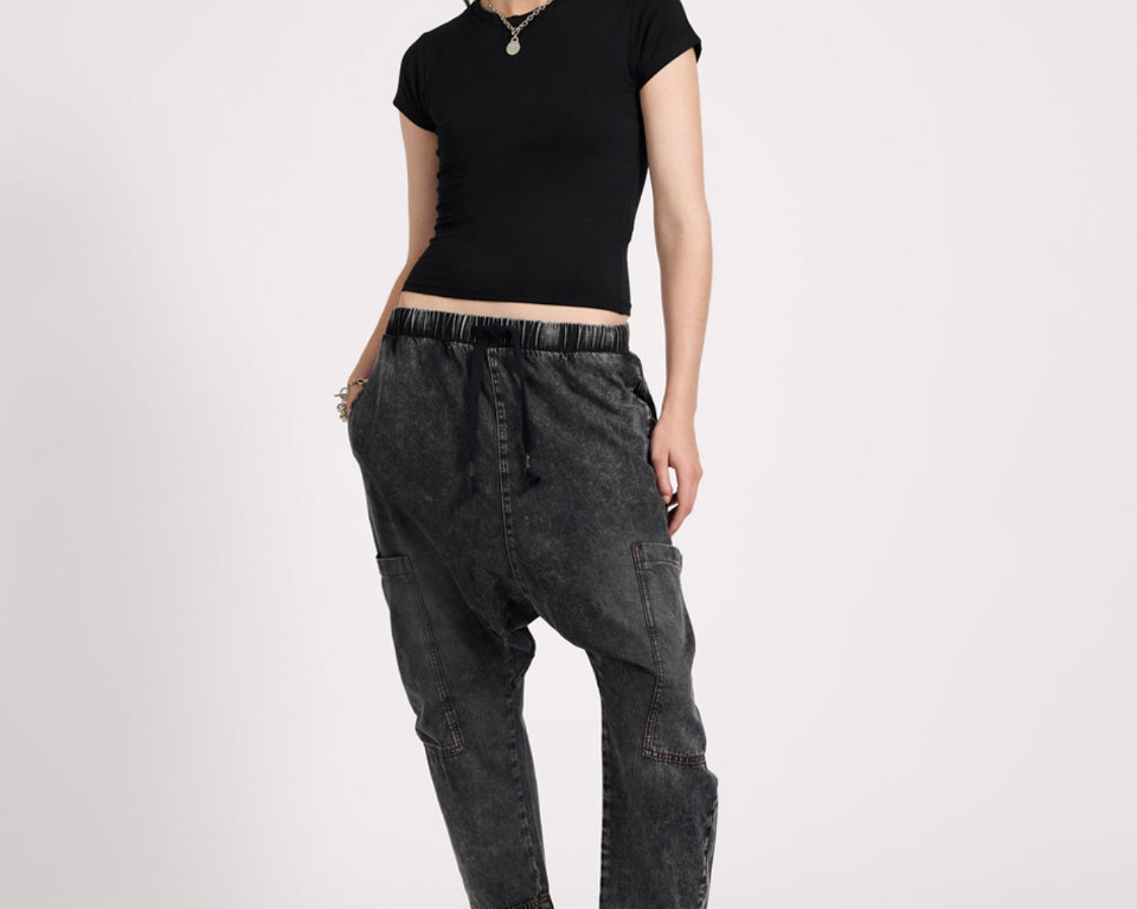 Isla Low Waist Drawstring Harem Denim Jeans - Charcoal Black