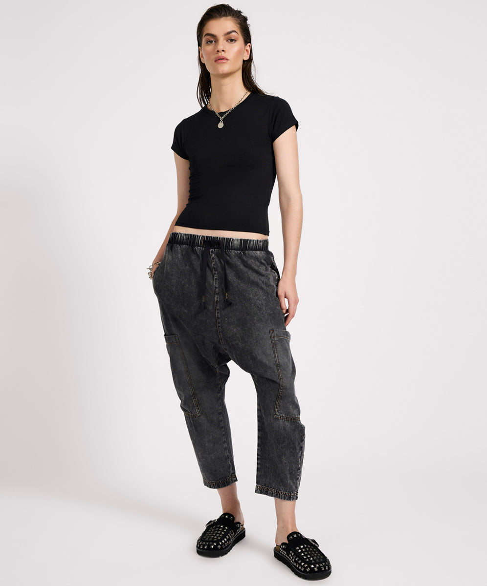  Isla Low Waist Drawstring Harem Denim Jeans - Charcoal Black