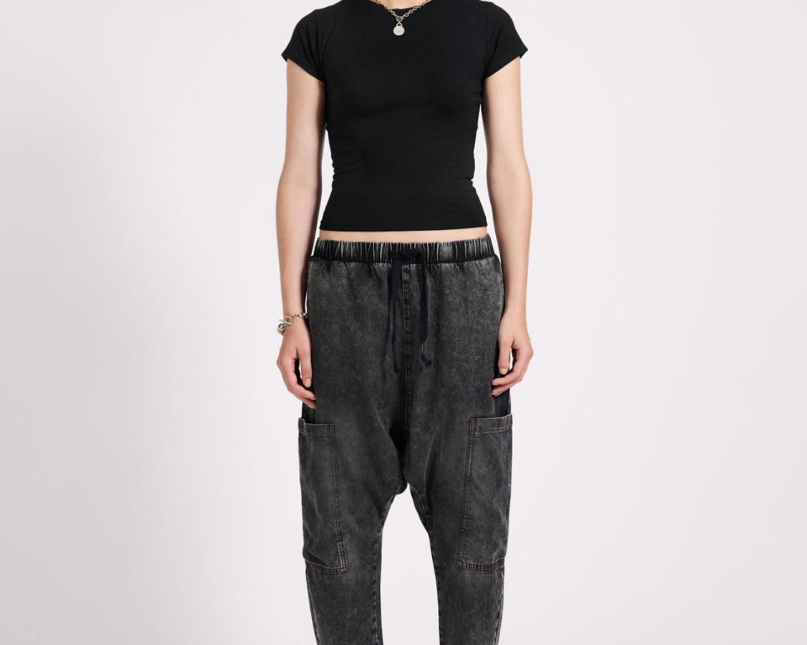 Isla Low Waist Drawstring Harem Denim Jeans - Charcoal Black