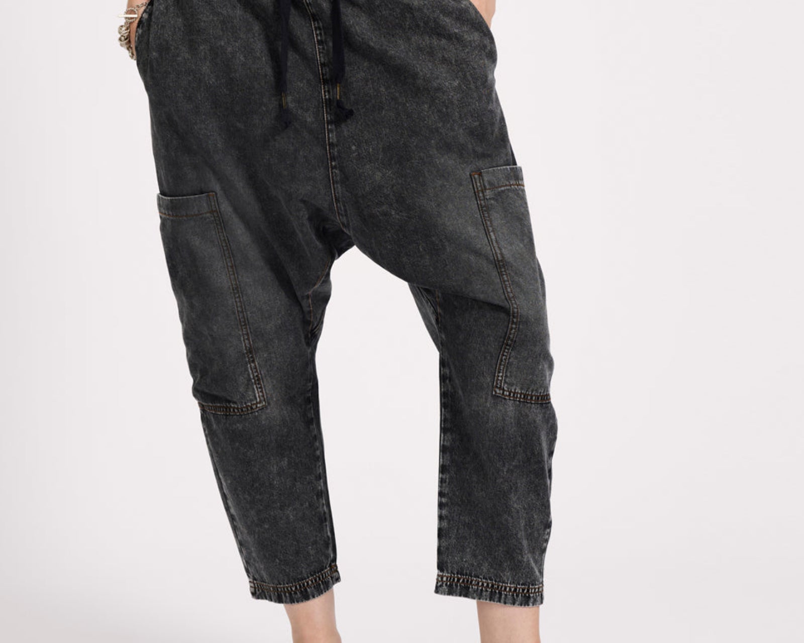 Isla Low Waist Drawstring Harem Denim Jeans - Charcoal Black