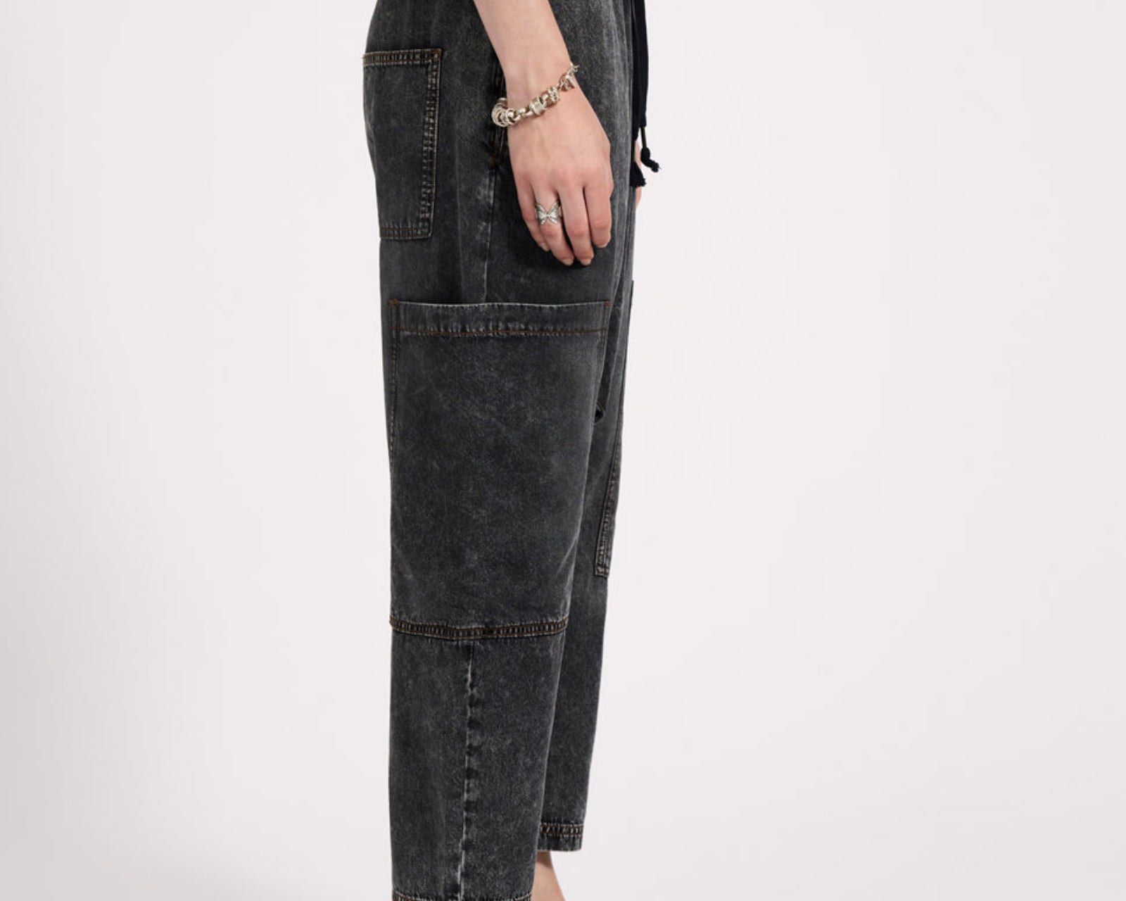 Isla Low Waist Drawstring Harem Denim Jeans - Charcoal Black