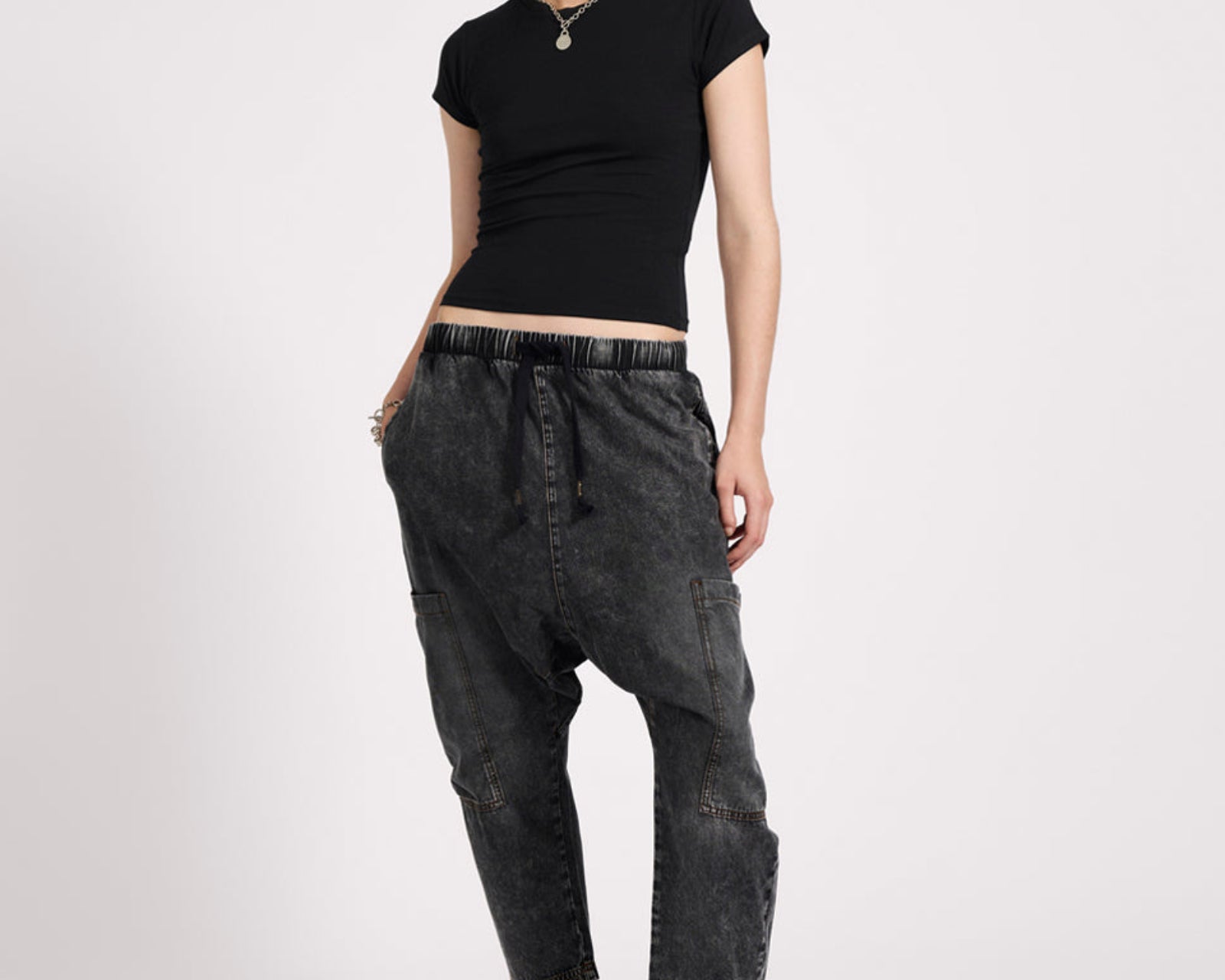 Isla Low Waist Drawstring Harem Denim Jeans - Charcoal Black