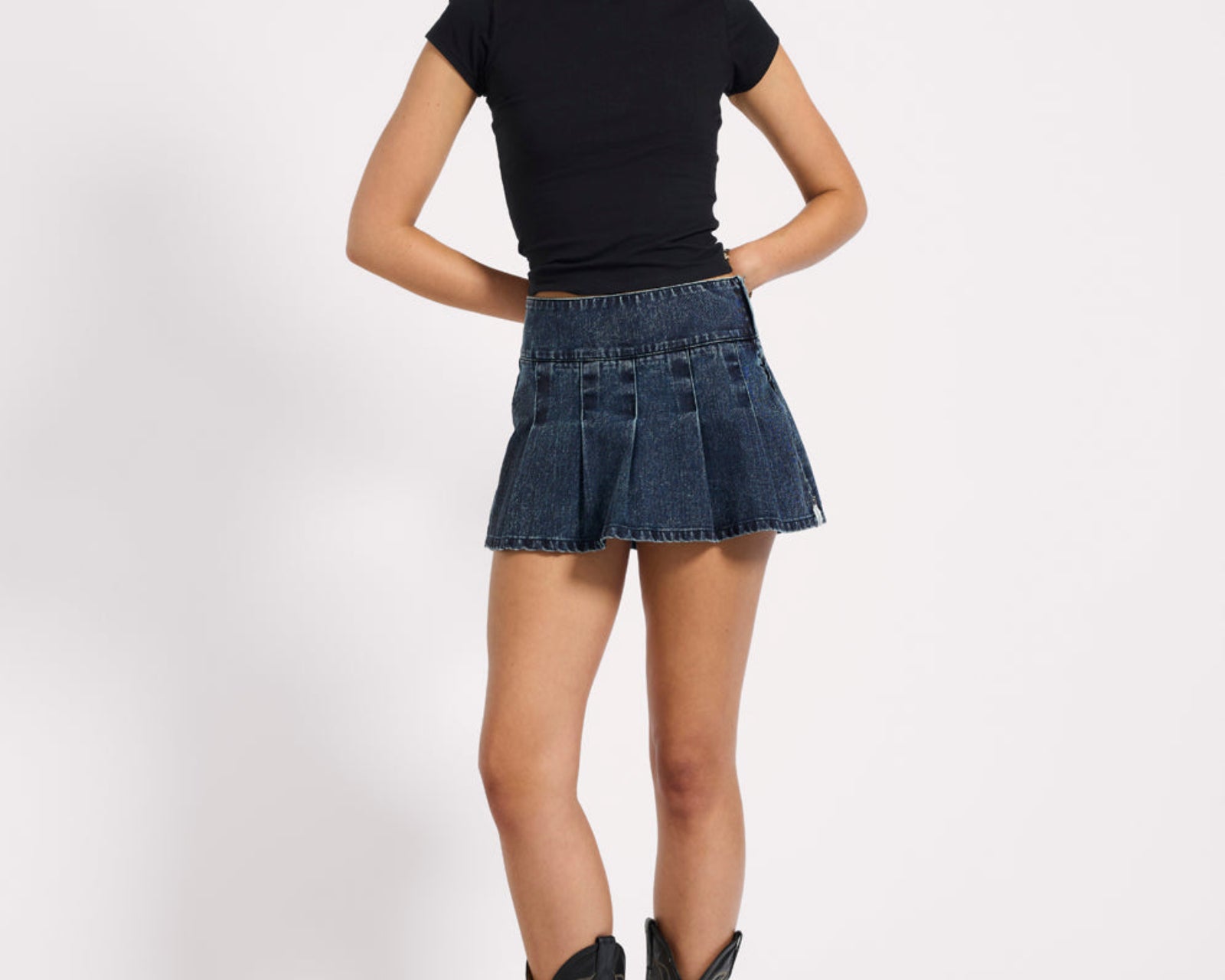 Pleated Low Waist Micro Mini Denim Skirt - Indigo Blue