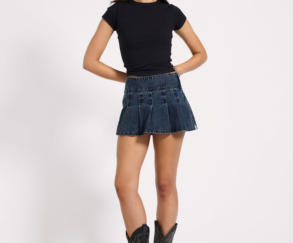 Pleated Low Waist Micro Mini Denim Skirt - Indigo Blue