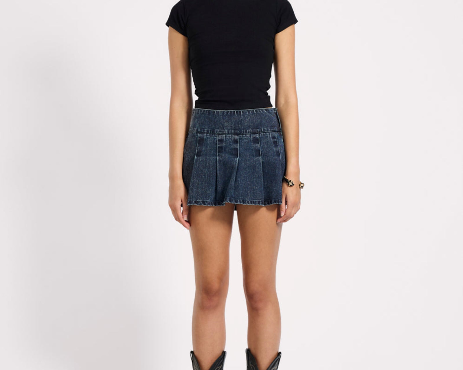 Pleated Low Waist Micro Mini Denim Skirt - Indigo Blue