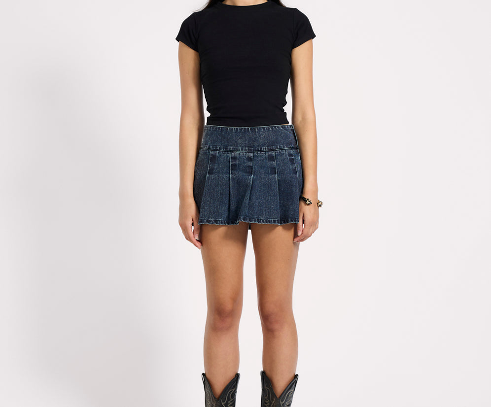 Pleated Low Waist Micro Mini Denim Skirt - Indigo Blue