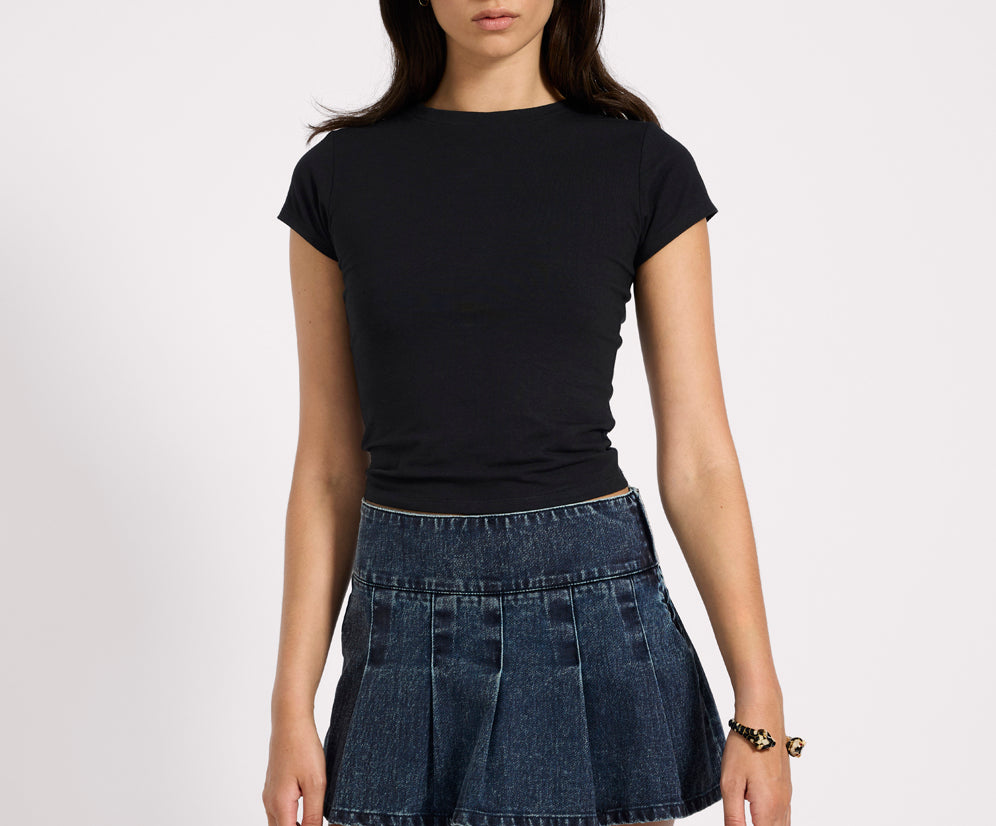 Pleated Low Waist Micro Mini Denim Skirt - Indigo Blue