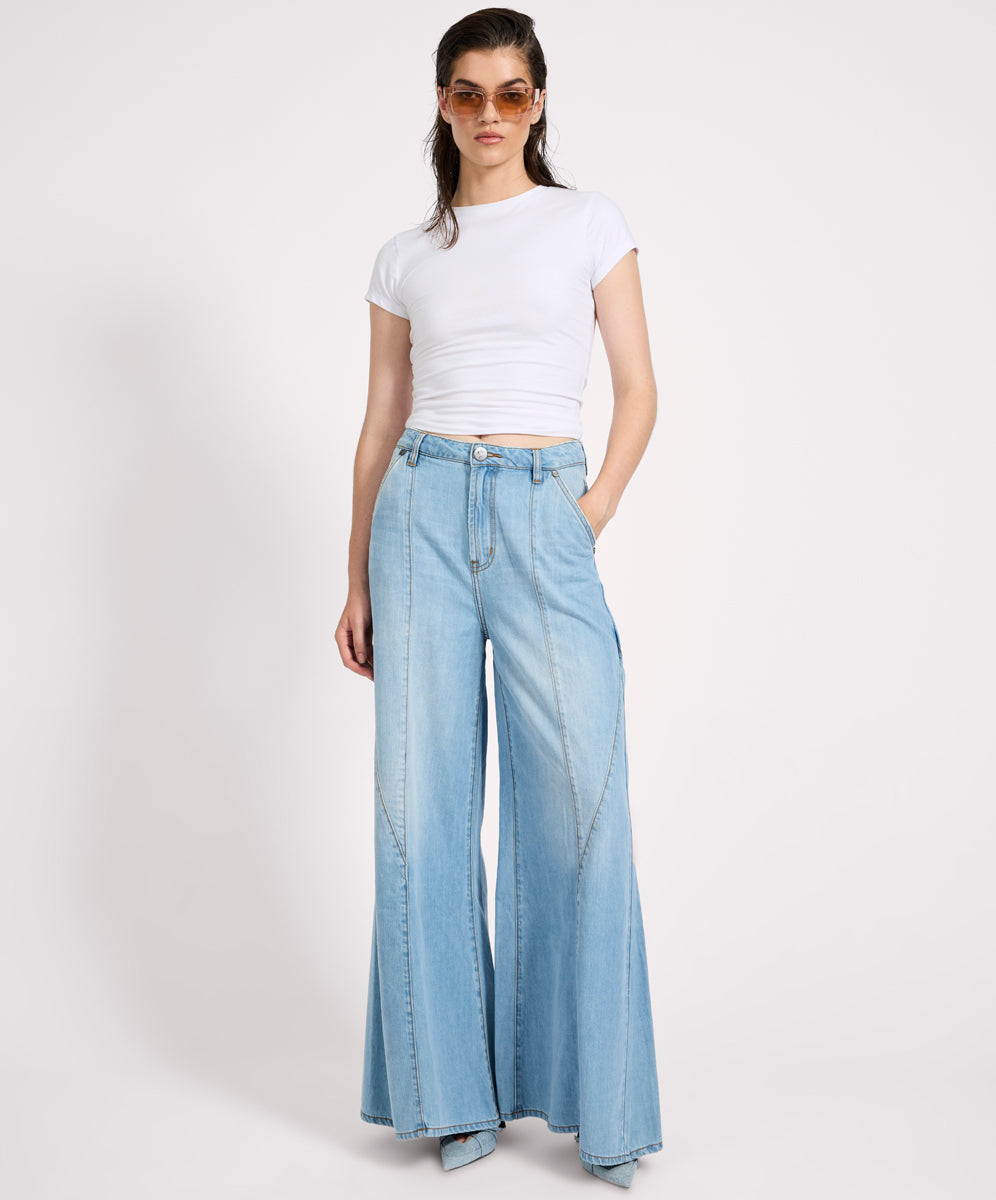  Hollywoods High Waist Wide Leg Denim Jeans - Cool Blue