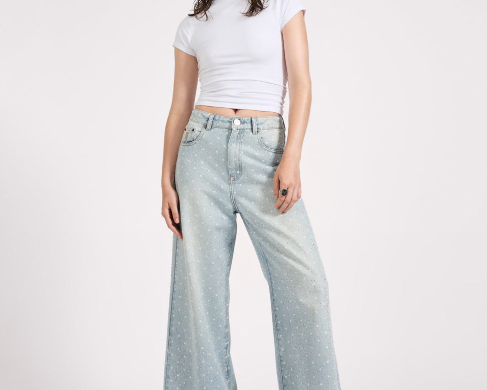 Love Machines Mid Waist Super Wide Leg Denim Jeans - Blue Sparkle