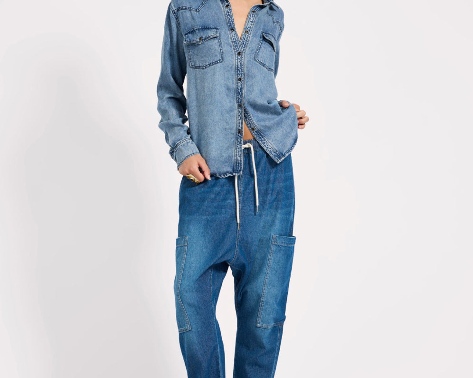 Isla Low Waist Drawstring Harem Denim Jeans - Blue Pasadena