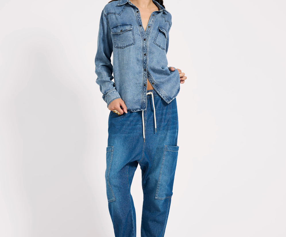 Isla Low Waist Drawstring Harem Denim Jeans - Blue Pasadena