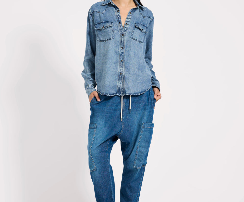 Isla Low Waist Drawstring Harem Denim Jeans - Blue Pasadena