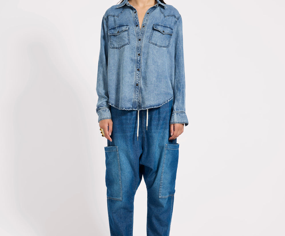 Isla Low Waist Drawstring Harem Denim Jeans - Blue Pasadena