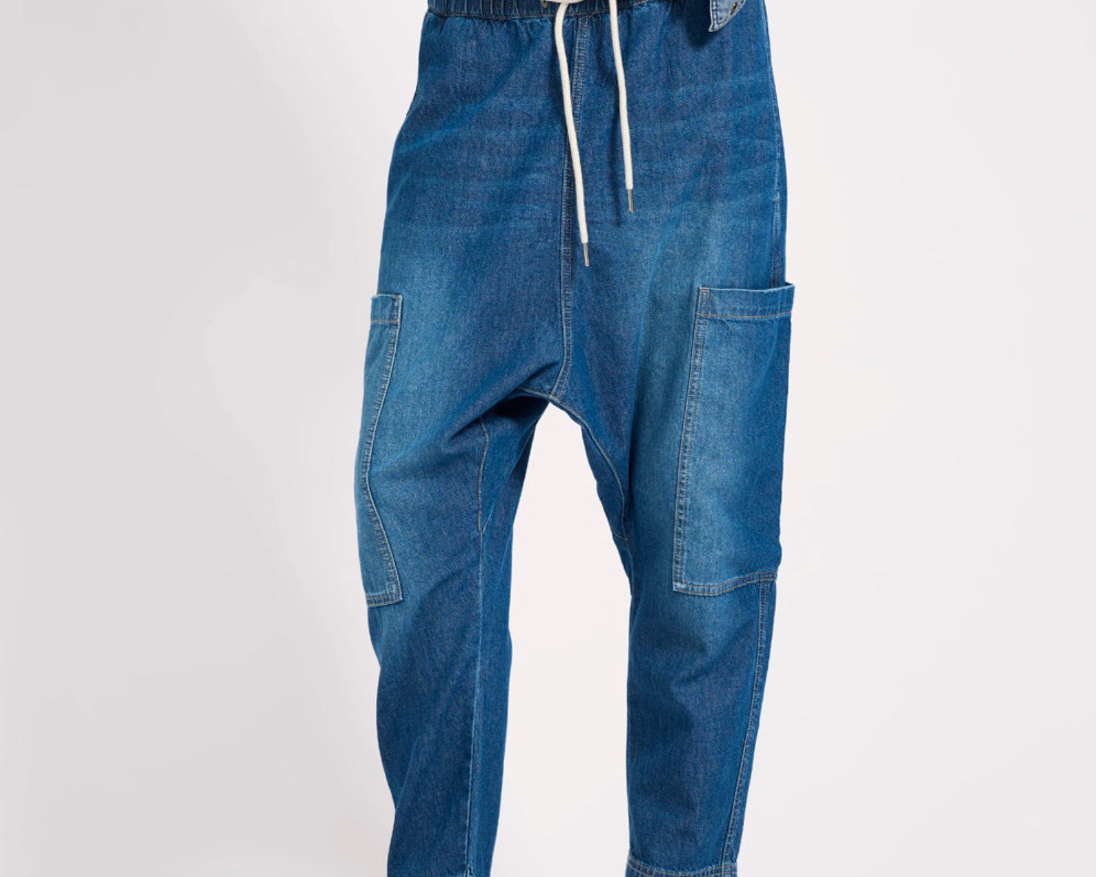 Isla Low Waist Drawstring Harem Denim Jeans - Blue Pasadena