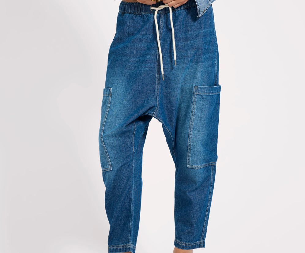 Isla Low Waist Drawstring Harem Denim Jeans - Blue Pasadena