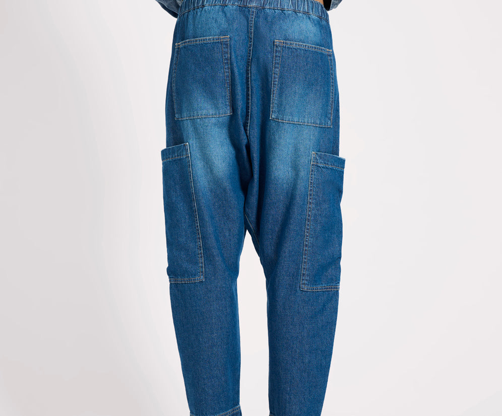 Isla Low Waist Drawstring Harem Denim Jeans - Blue Pasadena